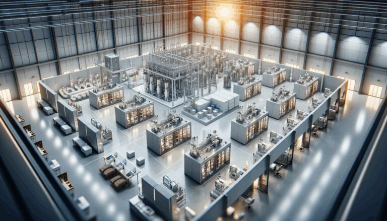 Vista aérea de un laboratorio tecnológico con equipos de energía sostenible