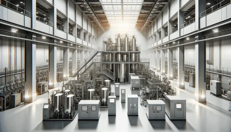 Interior de una planta tecnológica industrial con maquinaria moderna y ambiente limpio