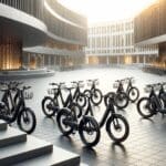 Bicicletas eléctricas alineadas en un campus urbano moderno