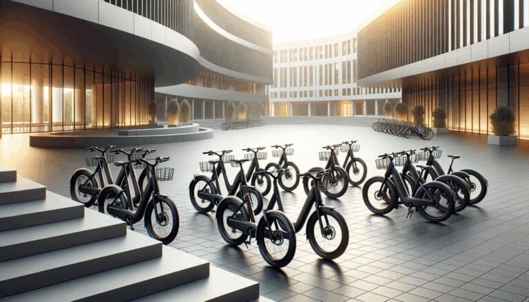 Bicicletas eléctricas alineadas en un campus urbano moderno
