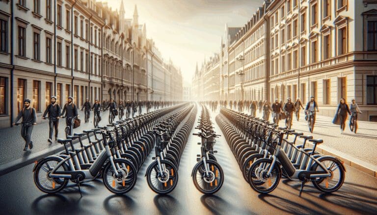 Filas de bicicletas eléctricas alineadas en una ciudad europea con ciclistas usando tecnología moderna
