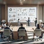 Sala de juntas moderna con pantallas y emprendedores presentando ideas a inversores