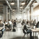 Interior moderno de un espacio de coworking con emprendedores colaborando en laptops