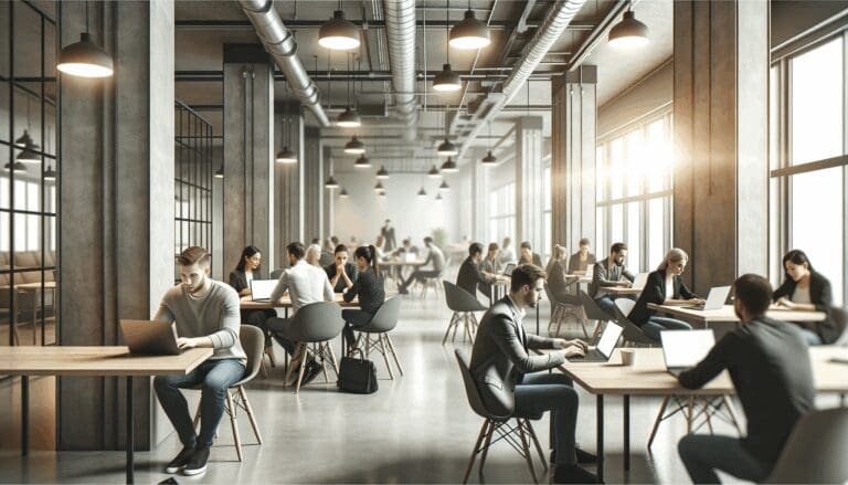 Interior moderno de un espacio de coworking con emprendedores colaborando en laptops