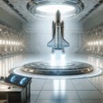 Render 3D de un cohete espacial despegando desde una base tecnológica futurista