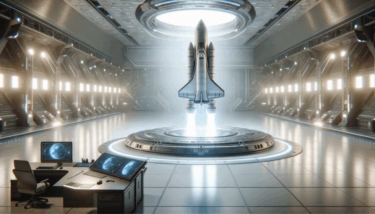 Render 3D de un cohete espacial despegando desde una base tecnológica futurista