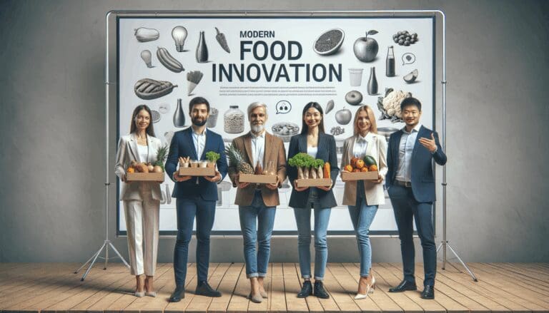 Emprendedores presentando sus productos en un evento moderno de innovación alimentaria