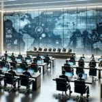 Sala de conferencias moderna con paneles tecnológicos y asistentes internacionales