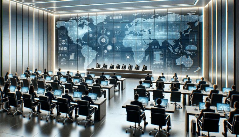 Sala de conferencias moderna con paneles tecnológicos y asistentes internacionales