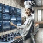 Chef operando una cocina moderna junto a pantallas con gráficos de datos en tiempo real