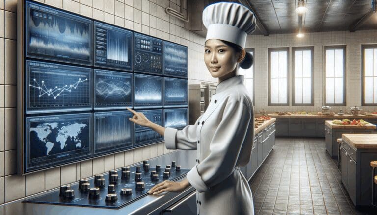 Chef operando una cocina moderna junto a pantallas con gráficos de datos en tiempo real