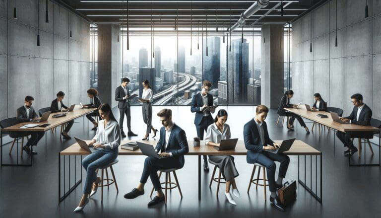 Empresarios jóvenes trabajando en laptops en una oficina moderna con vista urbana