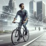 Persona pedaleando una bicicleta sin sillín en una vía urbana con fondo moderno y tecnológico
