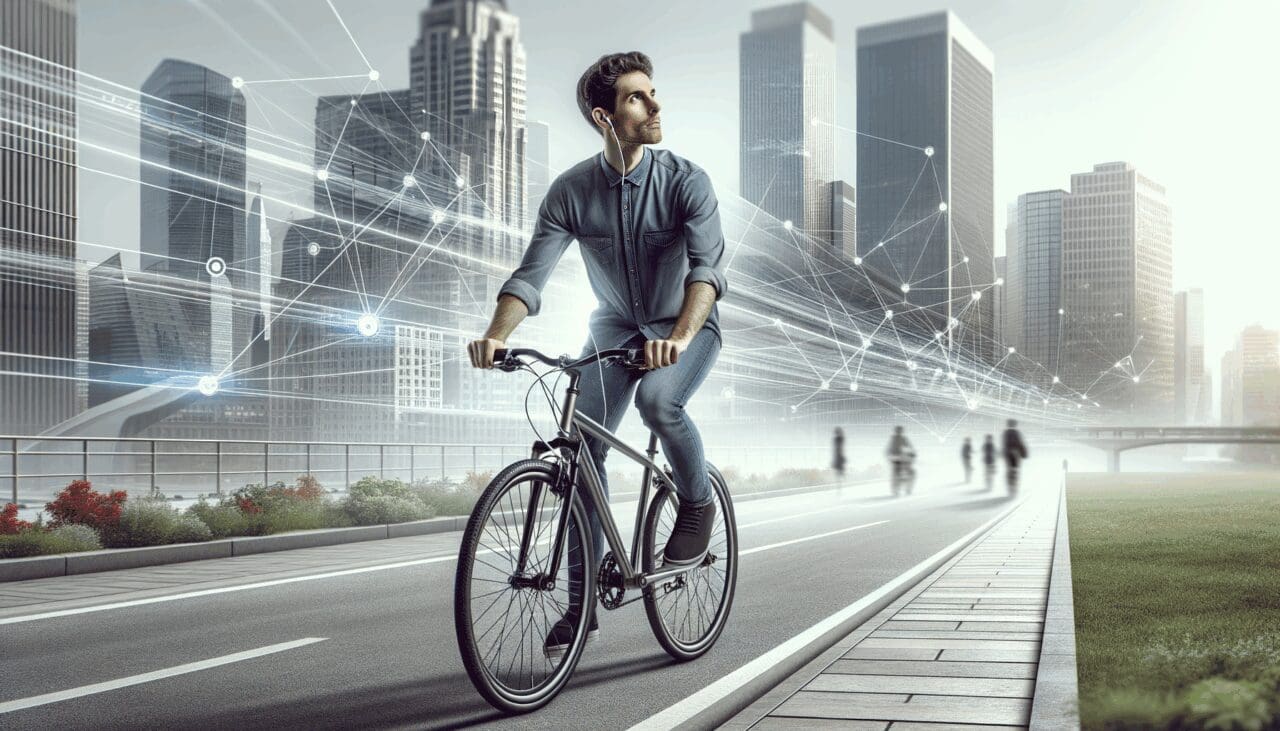 Persona pedaleando una bicicleta sin sillín en una vía urbana con fondo moderno y tecnológico