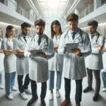 Hospital moderno con personal revisando datos en una tablet.