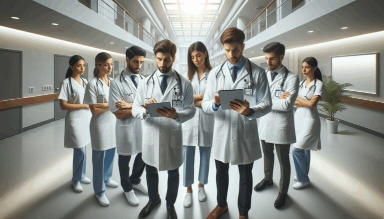 Hospital moderno con personal revisando datos en una tablet.