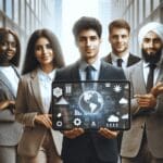 Grupo de emprendedores presentando soluciones tecnológicas en un entorno urbano moderno