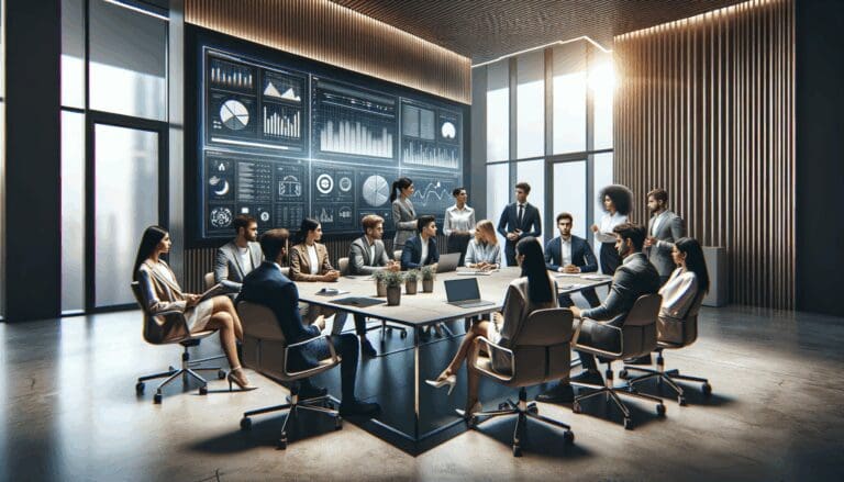 Grupo de jóvenes emprendedores discutiendo en una sala de reuniones moderna con pantallas digitales