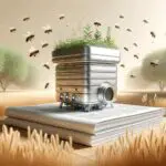 Colmena robótica futurista en un entorno natural con abejas volando alrededor