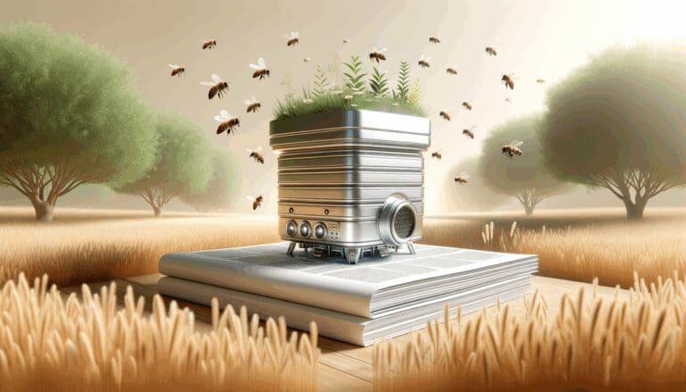 Colmena robótica futurista en un entorno natural con abejas volando alrededor