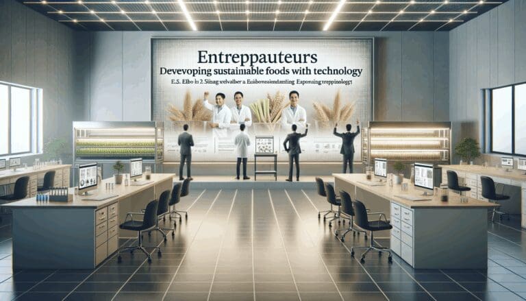 Interior de un laboratorio moderno con emprendedores desarrollando alimentos sostenibles con tecnología