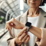 Mano de una mujer usando un reloj inteligente en un entorno urbano moderno