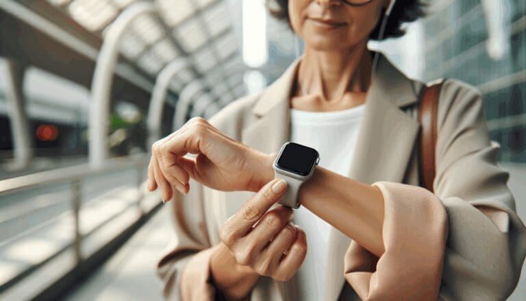 Mano de una mujer usando un reloj inteligente en un entorno urbano moderno