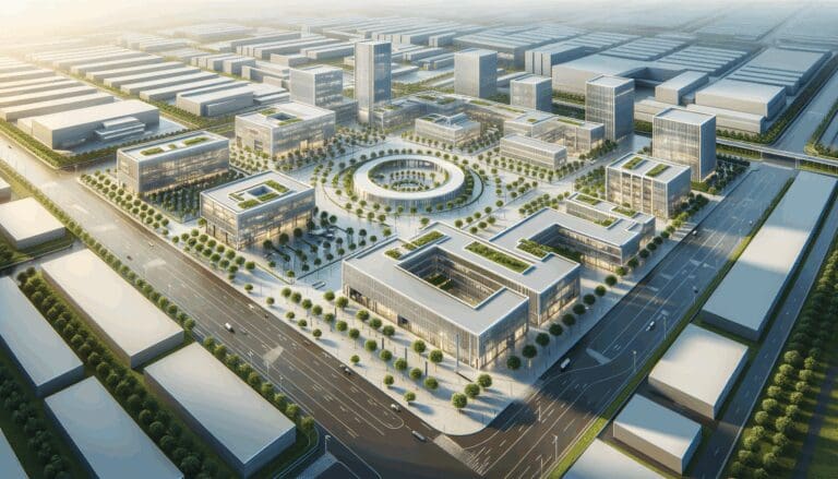 Vista aérea de un parque industrial moderno con edificios de innovación y áreas verdes
