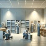 Oficina moderna con equipo técnico instalando dispositivos de red