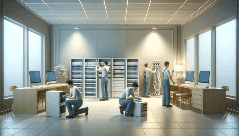 Oficina moderna con equipo técnico instalando dispositivos de red