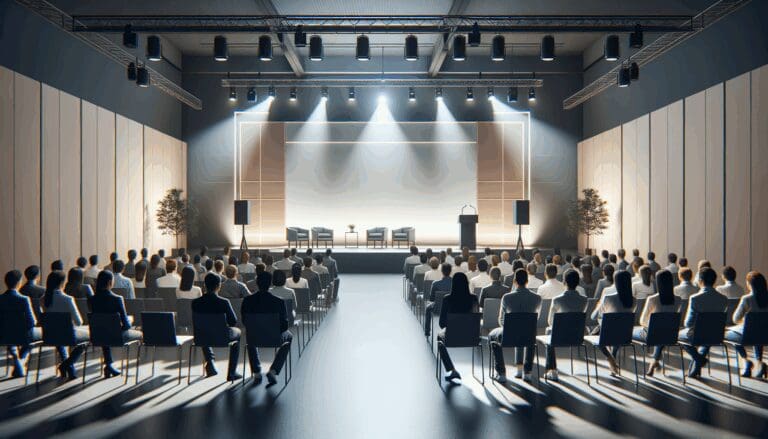 Escenario de evento de startups con iluminación profesional y público observando presentaciones