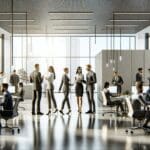 Oficinas modernas de una empresa tecnológica con personas colaborando en equipo