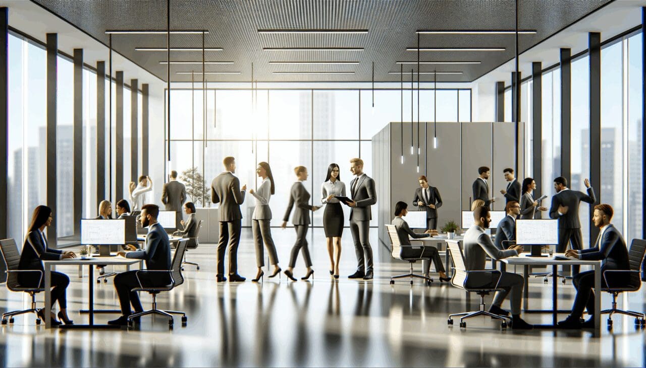 Oficinas modernas de una empresa tecnológica con personas colaborando en equipo