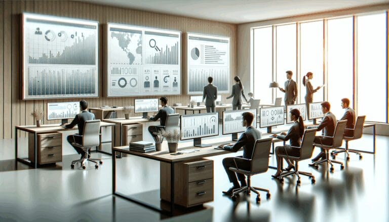 Oficinas modernas con profesionales trabajando frente a pantallas que muestran gráficos legales y financieros