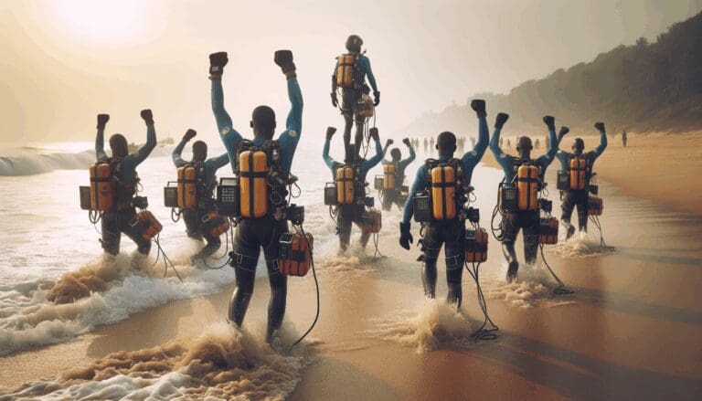 Entrenamiento de rescatadores acuáticos en una playa africana con equipo básico