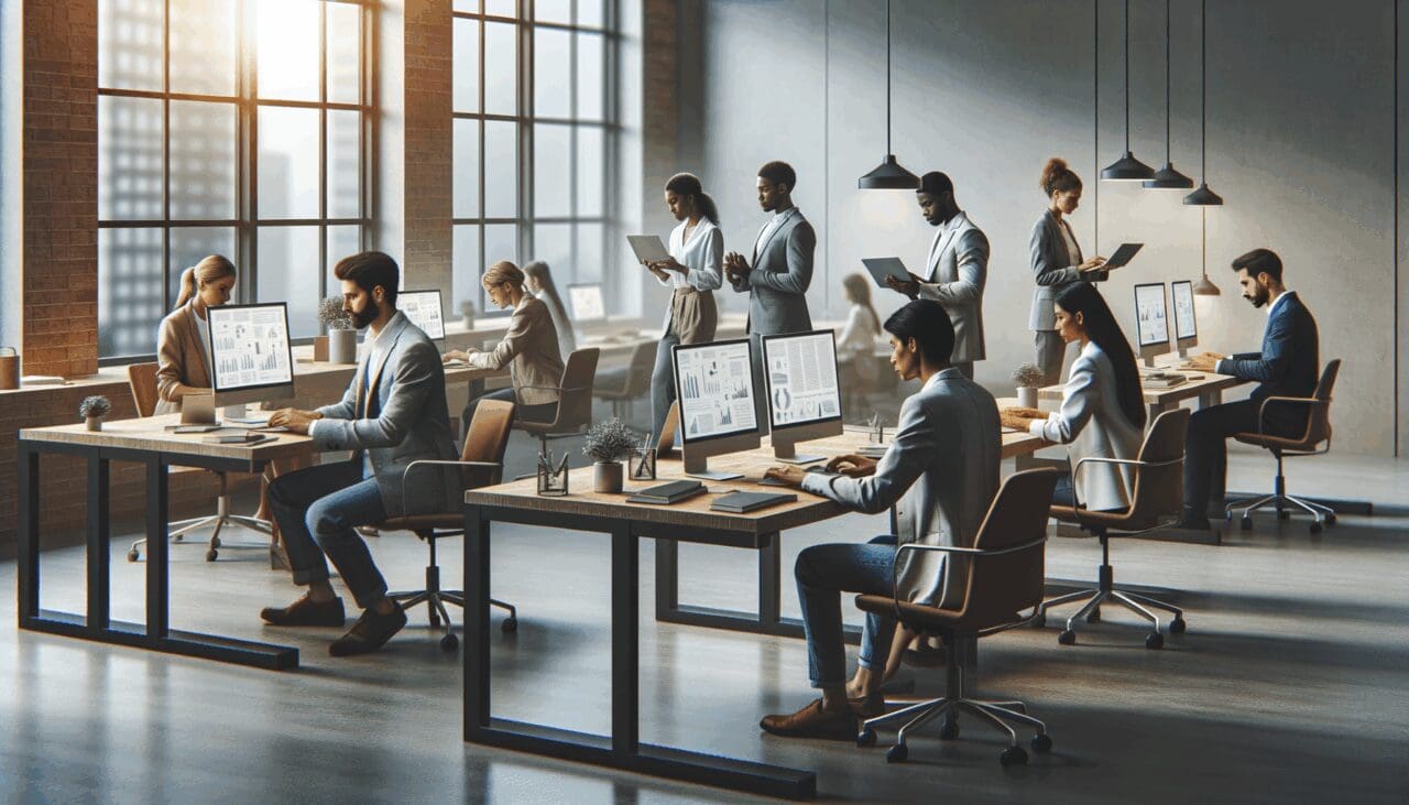 Espacio de coworking moderno con emprendedores trabajando frente a pantallas de datos