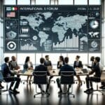 Empresarios conversando frente a pantallas con gráficos de ciberseguridad durante un foro internacional