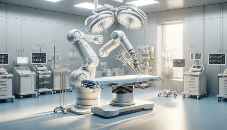 Robot quirúrgico operando en un entorno clínico moderno y estéril