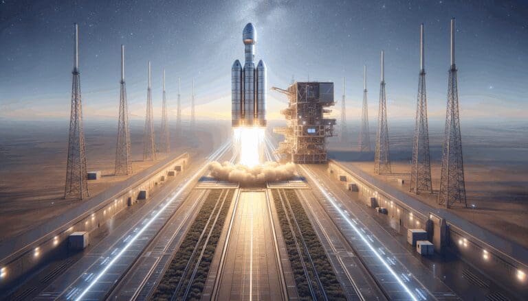 Satélite europeo despegando en un cielo despejado sobre plataforma de lanzamiento futurista