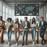 Equipo de emprendedores en un espacio de coworking moderno con pantallas mostrando datos ambientales