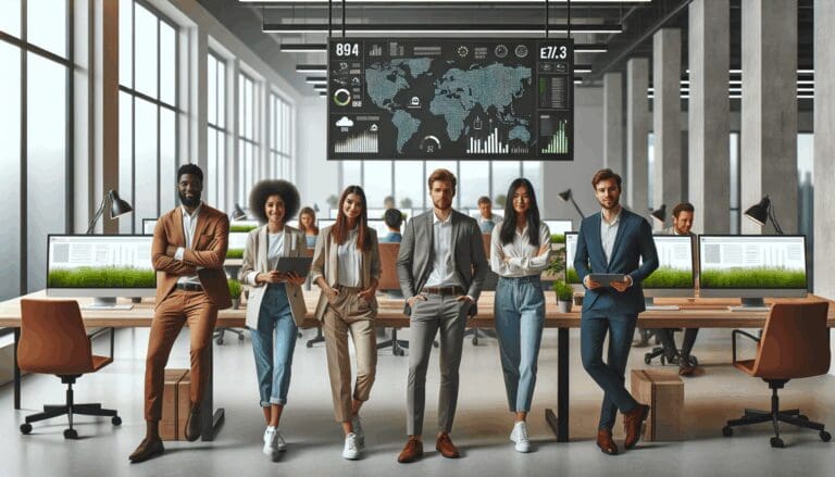 Equipo de emprendedores en un espacio de coworking moderno con pantallas mostrando datos ambientales