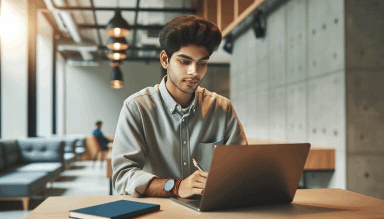 Retrato de un emprendedor joven trabajando con su laptop en un espacio de coworking moderno