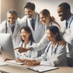 Profesionales de la salud usando una computadora en un entorno médico moderno