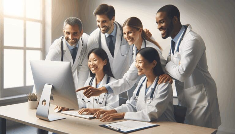 Profesionales de la salud usando una computadora en un entorno médico moderno