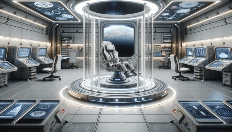 Laboratorio espacial con tecnología futurista y prototipos de calzado en ambientes de gravedad cero