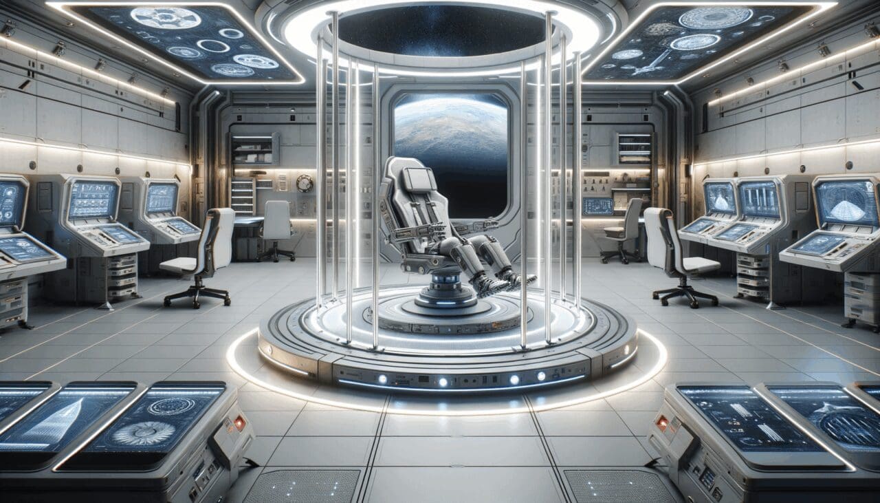 Laboratorio espacial con tecnología futurista y prototipos de calzado en ambientes de gravedad cero
