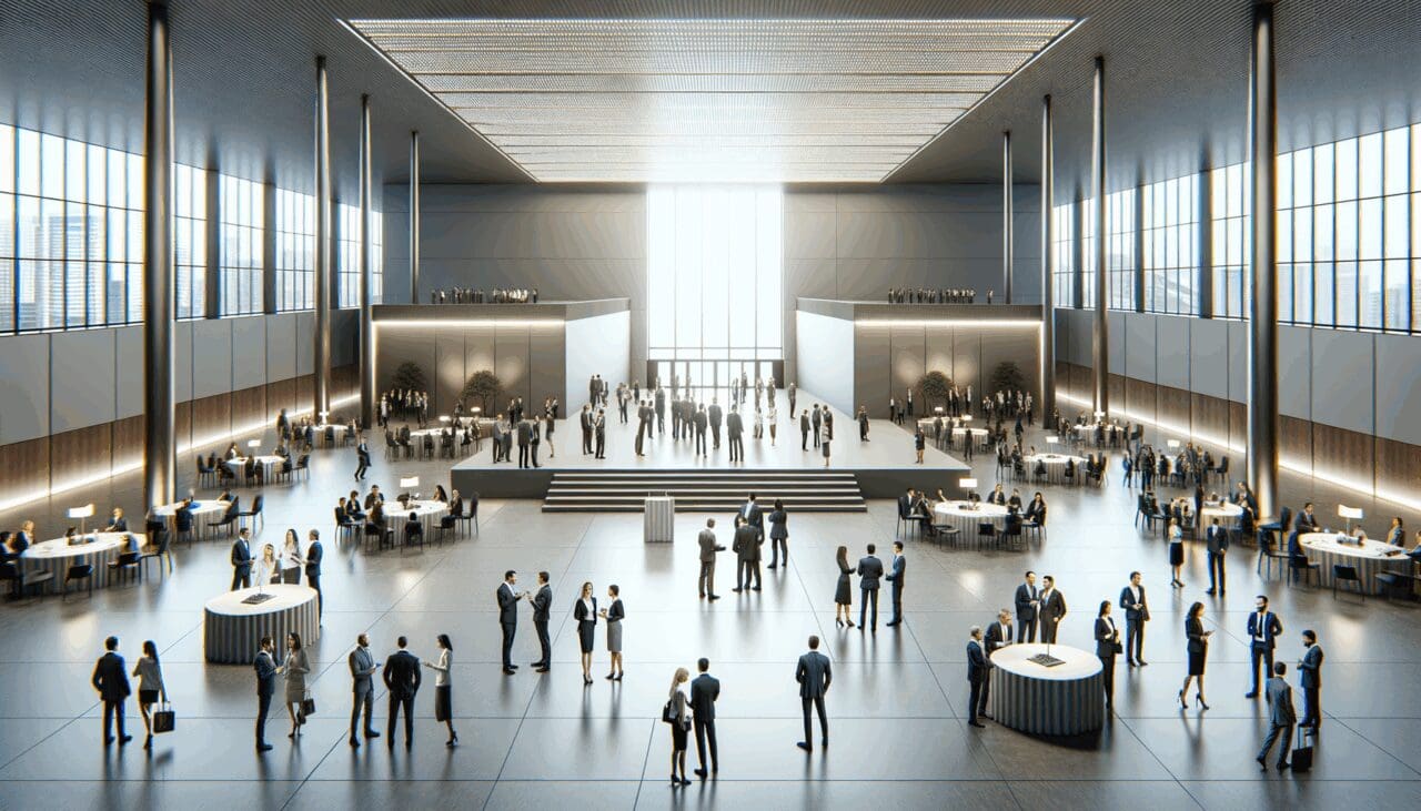 Vista panorámica de un centro de convenciones moderno con emprendedores interactuando en espacios de networking