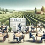 Degustación de vinos al aire libre con vista a viñedos y personas interactuando con dispositivos tecnológicos