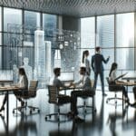 Oficinas modernas con equipos de trabajo colaborando en soluciones tecnológicas.