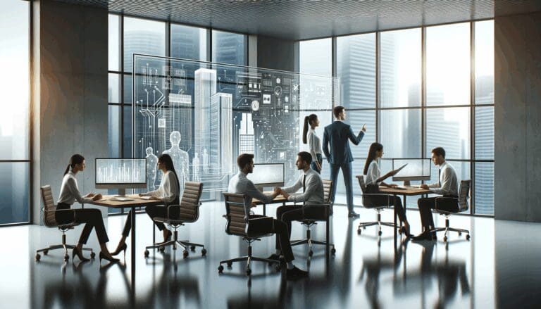 Oficinas modernas con equipos de trabajo colaborando en soluciones tecnológicas.